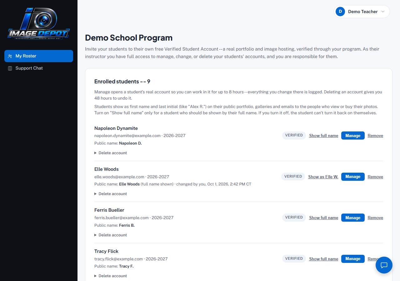 The School Program roster page, listing enrolled students with their name, email, enrollment year, their public name (first name and last initial, or the full name where it's turned on), a Verified badge, and Show full name, Manage and Remove buttons for each
