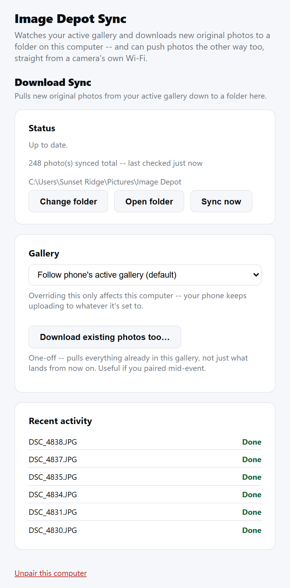 The Image Depot Sync app once it's set up: Status says Up to date, 248 photos synced, with the download folder shown and Change folder, Open folder and Sync now buttons; a Gallery box set to follow the phone's active gallery; and a Recent activity list of photos marked Done